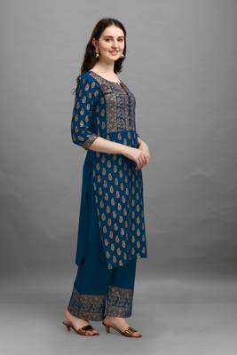 Teal-blue printed rayon ethnic-kurtis 4