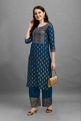 Teal-blue printed rayon ethnic-kurtis 5