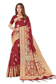 Maroon woven banarasi saree with blouse