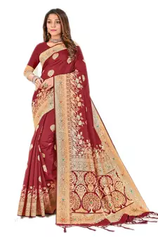 Maroon woven banarasi saree with blouse
