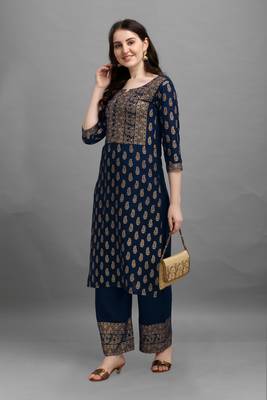 Dark-blue printed rayon ethnic-kurtis 4