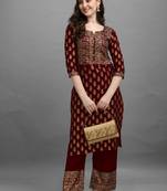 Dark-maroon printed rayon ethnic-kurtis