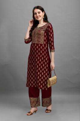 Dark-maroon printed rayon ethnic-kurtis 5