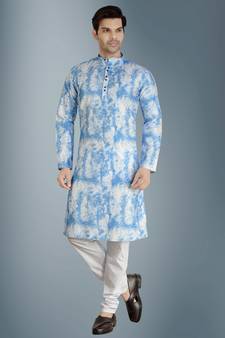 Blue tie dye embroidered viscose kurta-pajama