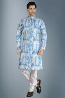 Blue tie dye embroidered viscose kurta-pajama