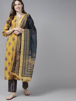 Mustard printed cotton silk ethnic-kurtis 1