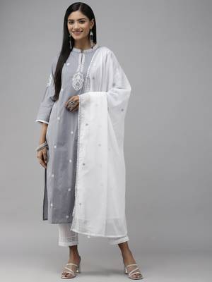 Grey embroidered cotton ethnic-kurtis 1