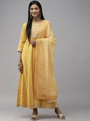 Yellow printed cotton ethnic-kurtis 1