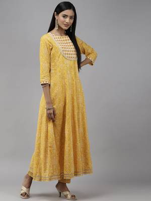 Yellow printed cotton ethnic-kurtis 2