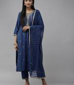 Blue embroidered cotton silk ethnic-kurtis