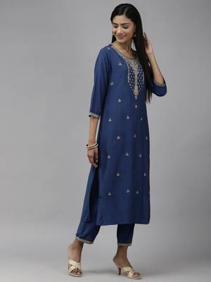 Blue embroidered cotton silk ethnic-kurtis 2