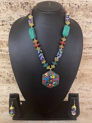 Afghani Tibetan Gold Plate Brass Multi-Color Pendant Purple Stone Blue Beads Necklace 3