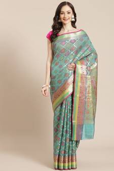green silk blend woven   saree with  blouse