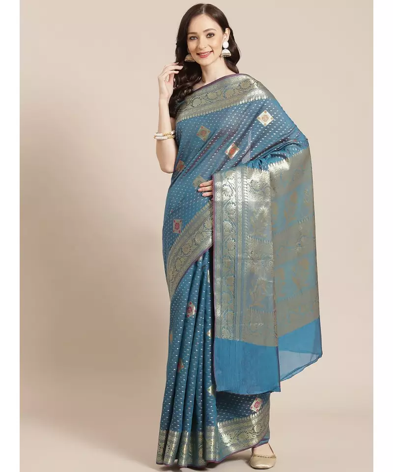 blue silk blend woven   saree with  blouse