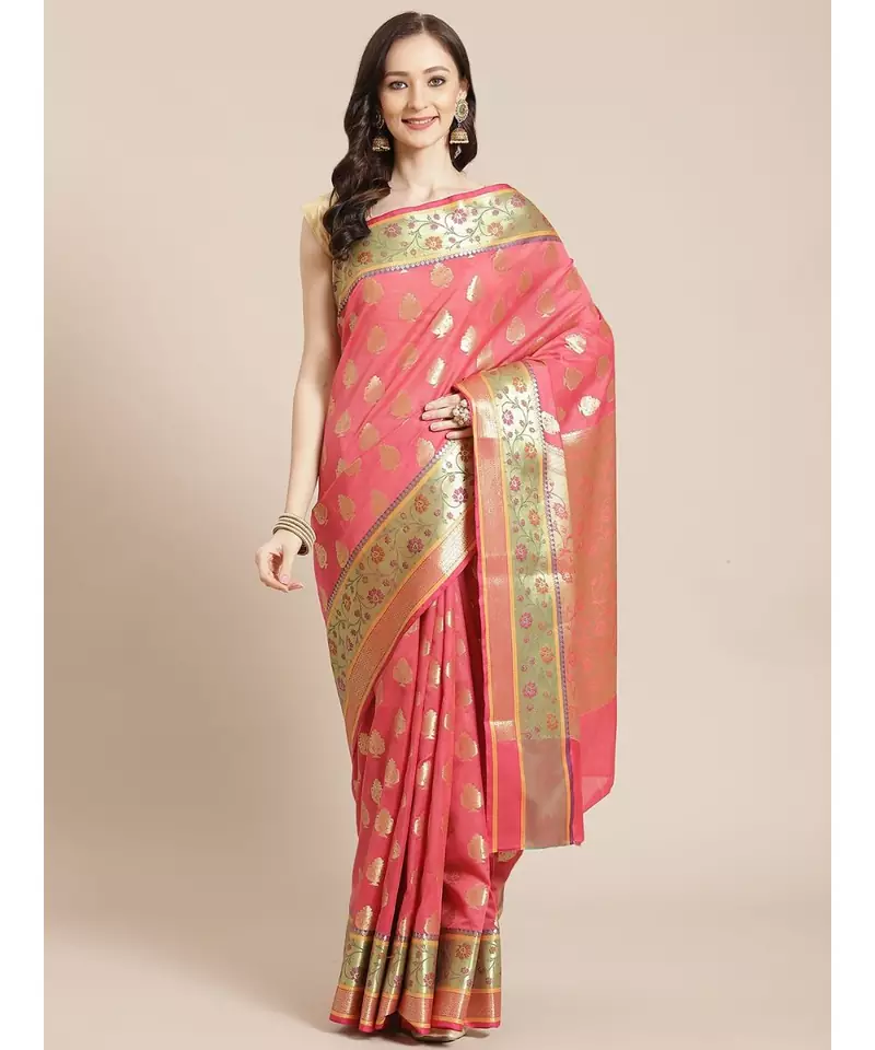 pink silk blend woven   saree with  blouse