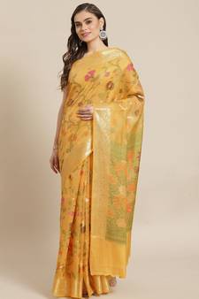 yellow silk cotton woven   saree with  blouse