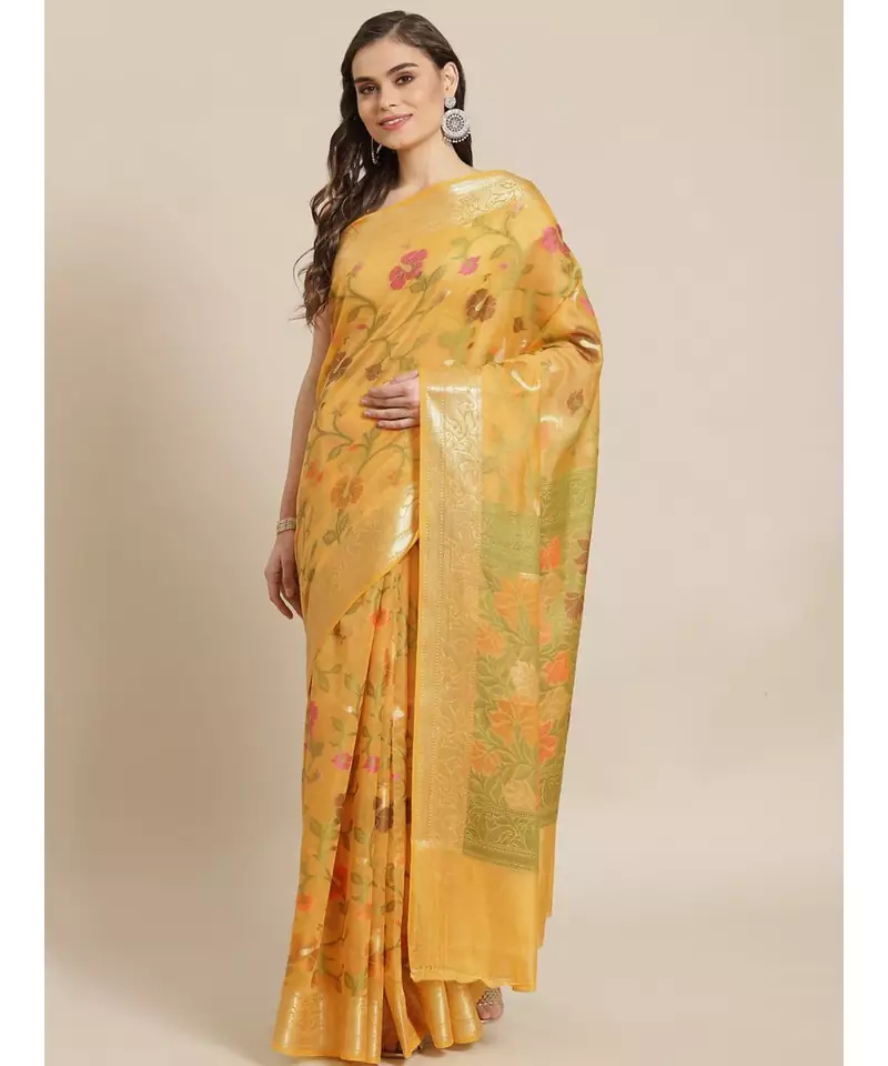 yellow silk cotton woven   saree with  blouse