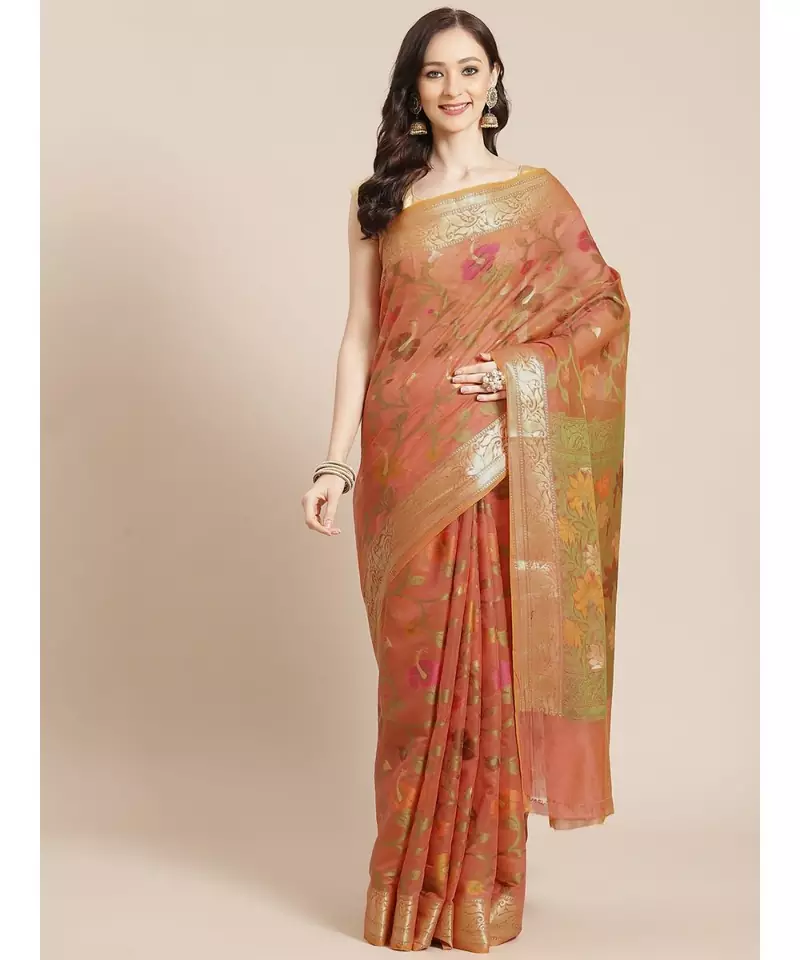 peach silk cotton woven   saree with  blouse