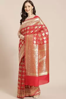 red silk blend woven   saree with  blouse