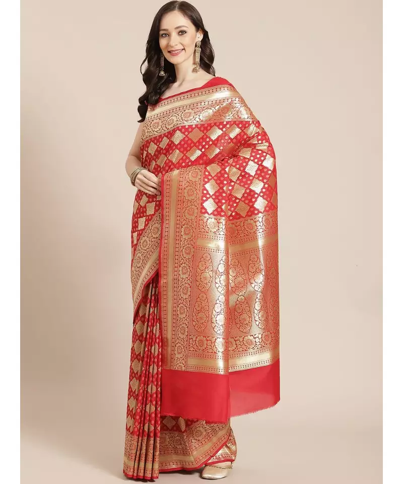 red silk blend woven   saree with  blouse