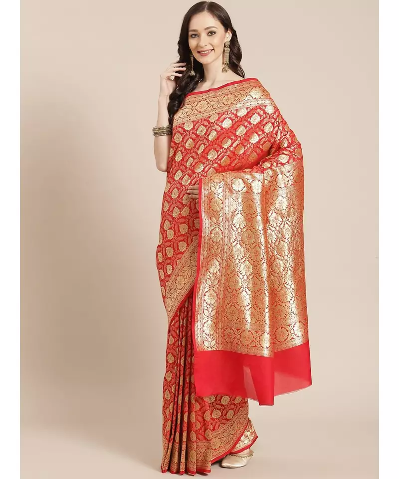 red silk blend woven   saree with  blouse
