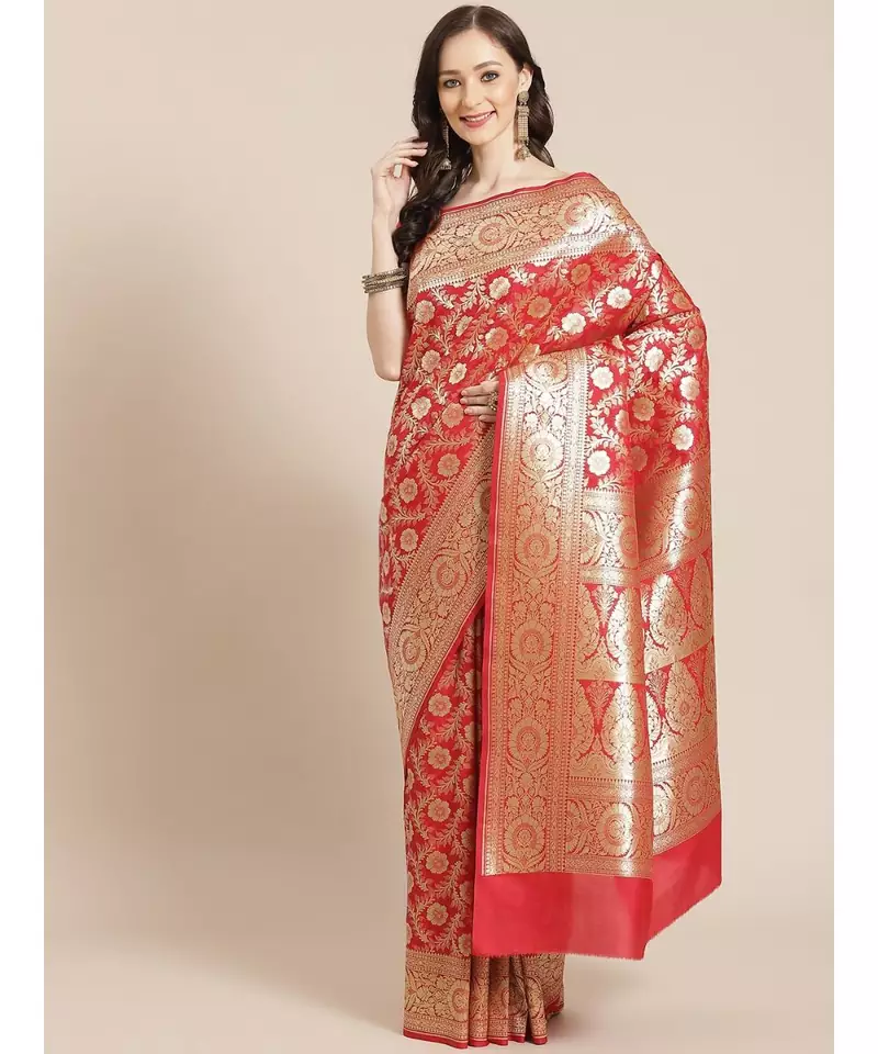 red silk blend woven   saree with  blouse