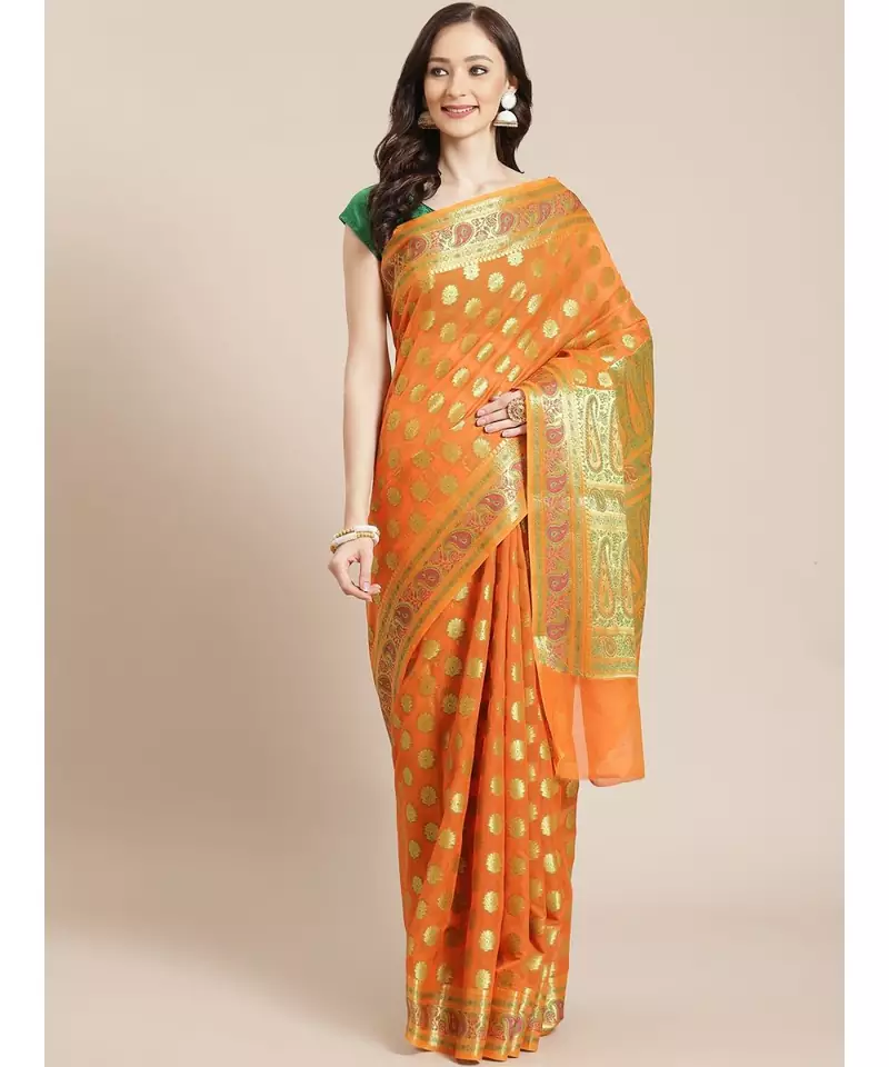orange silk blend woven   saree with  blouse