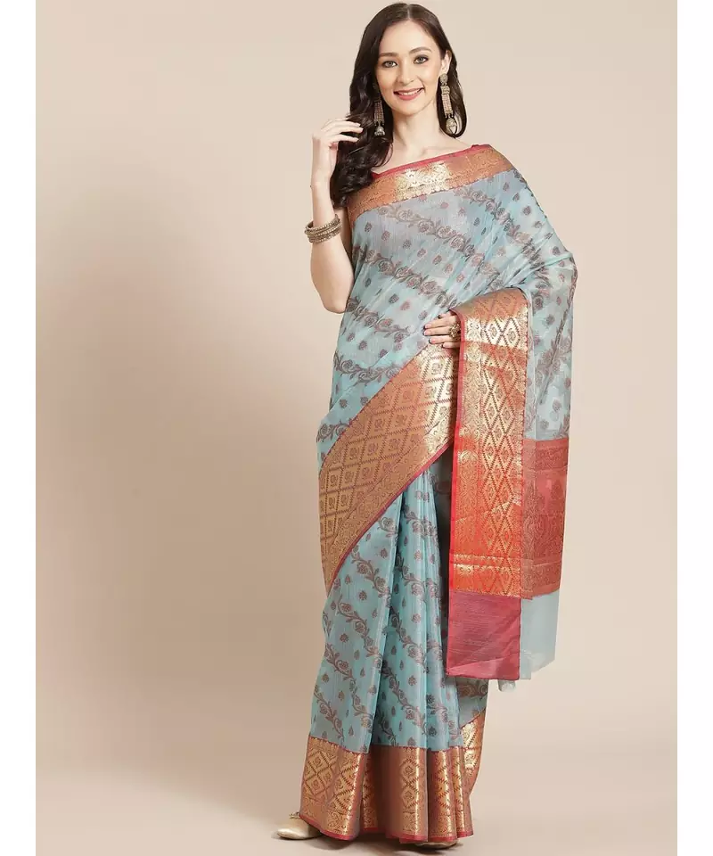 blue cotton silk woven   saree with  blouse