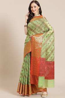 green cotton silk woven   saree with  blouse