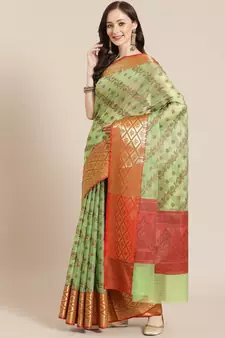 green cotton silk woven   saree with  blouse