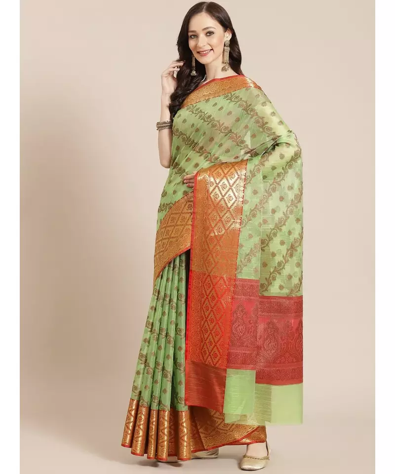 green cotton silk woven   saree with  blouse