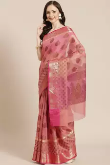 peach cotton silk woven   saree with  blouse