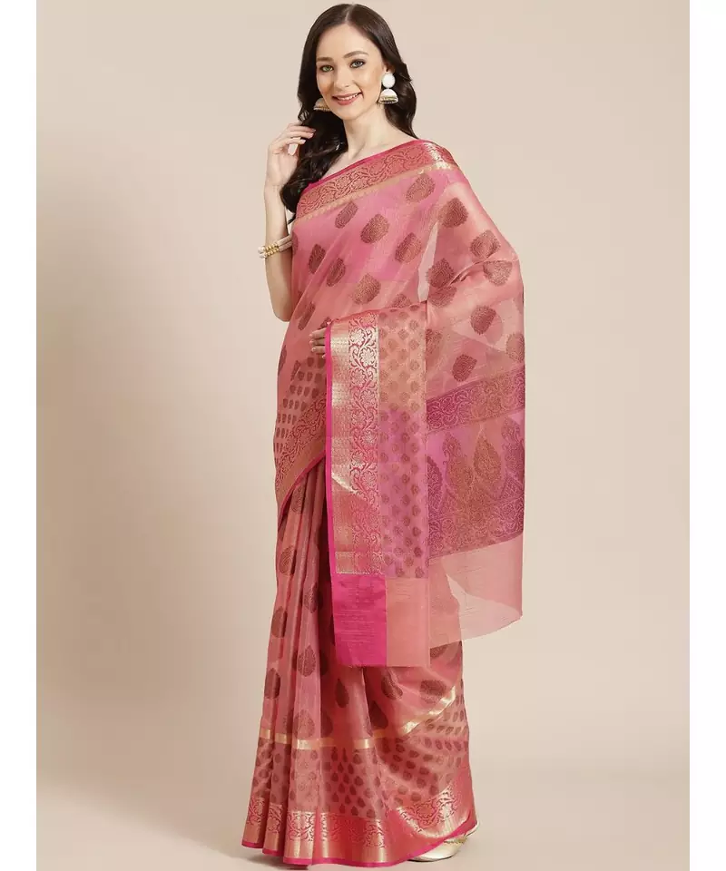 peach cotton silk woven   saree with  blouse