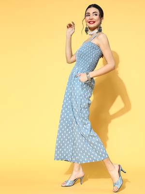 Aqua-blue printed cotton indowestern 2