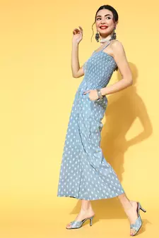Aqua-blue printed cotton indowestern