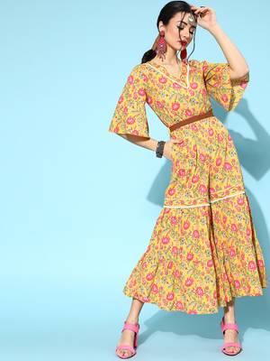 Mustard printed cotton indowestern 1