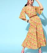 Mustard printed cotton indowestern