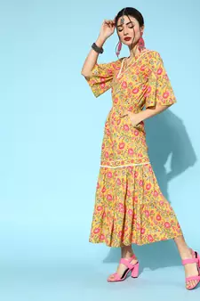 Mustard printed cotton indowestern