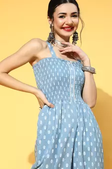 Aqua-blue printed cotton indowestern