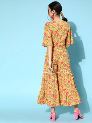 Mustard printed cotton indowestern 3