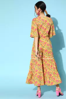 Mustard printed cotton indowestern