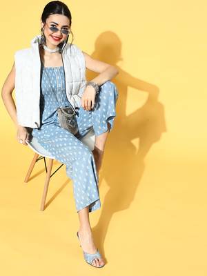 Aqua-blue printed cotton indowestern 5