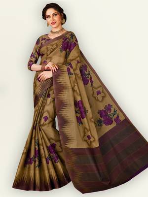 Brown printed pure cotton saree with blouse 1