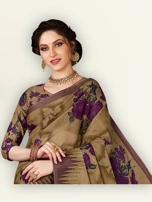 Brown printed pure cotton saree with blouse 3