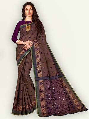 Purple printed pure cotton saree with blouse 1