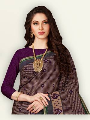 Purple printed pure cotton saree with blouse 3