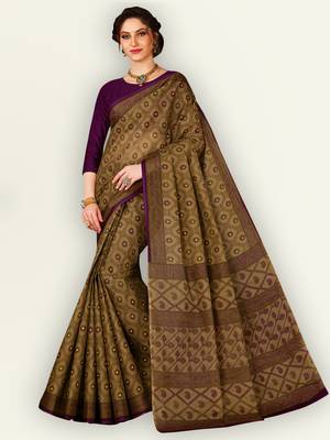 Brown printed pure cotton saree with blouse 1