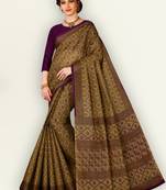 Brown printed pure cotton saree with blouse
