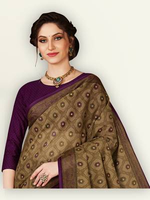 Brown printed pure cotton saree with blouse 3