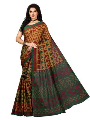 Beige printed pure cotton saree with blouse 1